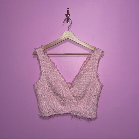 Zara Crop Top Women's Size Medium Pink Tweed V-Neck Structured Crossover NWT - Picture 8 of 12
